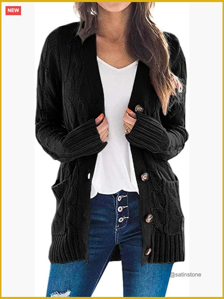 Acrylic Cable Knit Cardigan Sweater Open Front Button Down Winter Outerwear